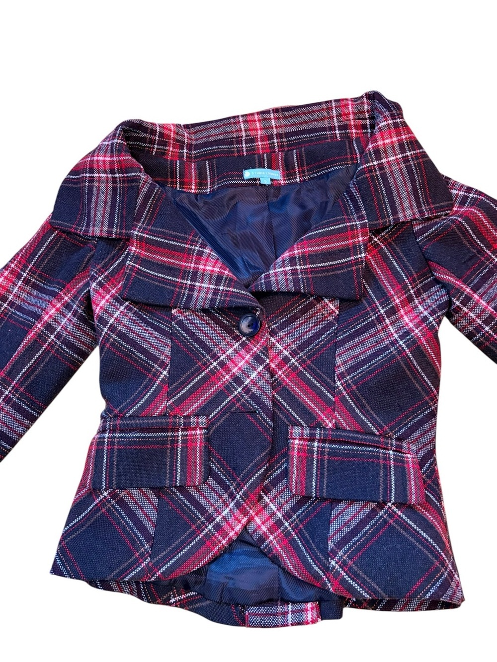 STUDIO LONDON Women's Plaid Peplum Blazer in Black & Rec